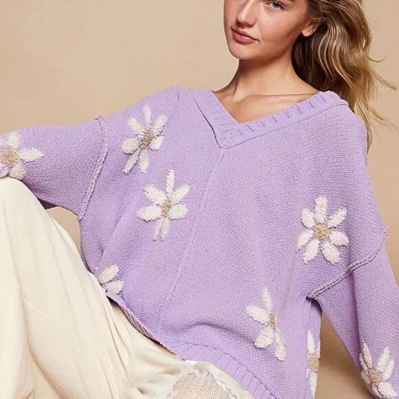 Just In! Pol Lilac Sweater with Cream Flowers NWT Sz S-L - Picture 2 of 6